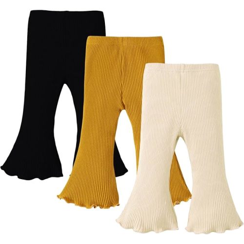 SOBOWO Baby Girl Flare Pants 3 Pack Toddler Solid Ribbed Ruffle Bell Bottoms Pants Trousers Fall Outfits