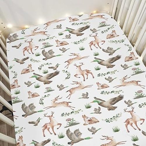 Wild Animals Hunting Baby Crib Sheets for Boy Girl 28"x52" Mallard Duck Deer Leaves Soft Snug Fitted Crib Mattress Cover Country Hunters Nursery Baby Sheet for Standard Crib & Toddler Bed Mattress
