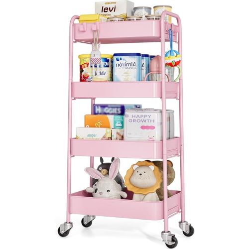 TOOLF 4-Tier Rolling Cart - Metal Storage Organizer with Lockable Wheels, 44 lbs Per Shelf Capacity, Tool-Free Assembly, for Kitchen Bathroom Office Laundry Room Nursery, Pink
