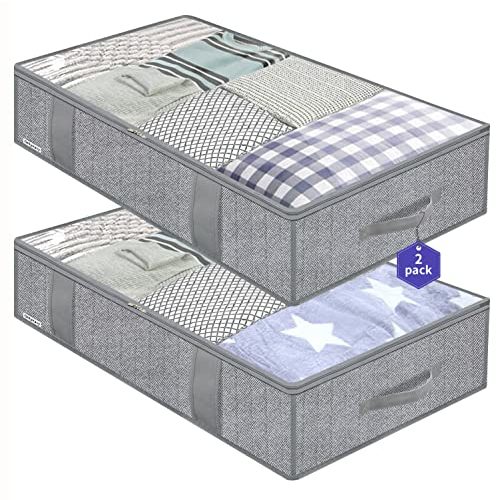 Onlyeasy Large Underbed Storage Bags Organizer Container (2 Pack) with 4 Handles and 2 Sturdy Zippers, Blankets Clothes Comforters Foldable Storage Bags with Clear Window, Herringbone Grey, MXRUBBP2