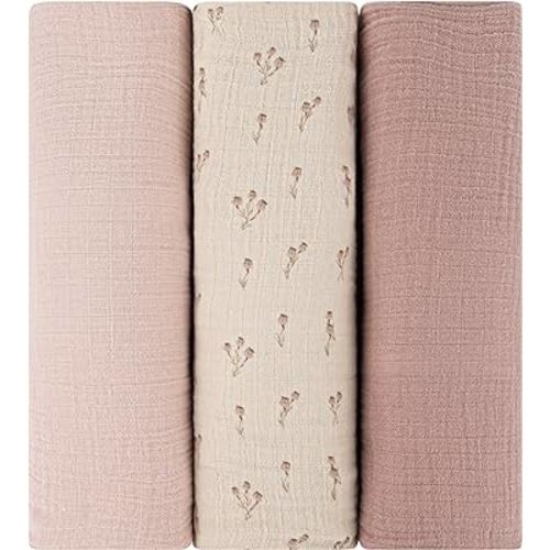 Ely's & Co. Muslin Swaddle Blanket 3-Pack for Baby Boy— 100% Cotton Muslin Extra-Large Swaddle Blankets (47”x 47”) Mauve Bluebell