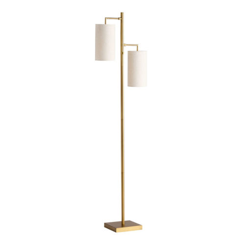 Brass and White Linen Textured 2 Light Floor Lamp
