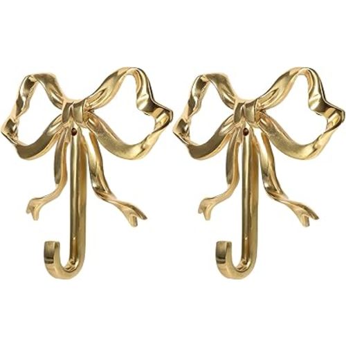 LOGOFUN 2pcs Bow Hook Bowknot Hook Bow Hooks for Wall Bowknot Brass Hook Gold Wall Hook for Hanging Coat Hat Towel - Small(2.76X2.36X0.79in)