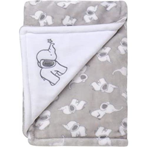 Little Me Plush 2-Ply Baby Blanket with Embroidery, 2 Sided Reversible, 30" x 40" (Grey Elephant)
