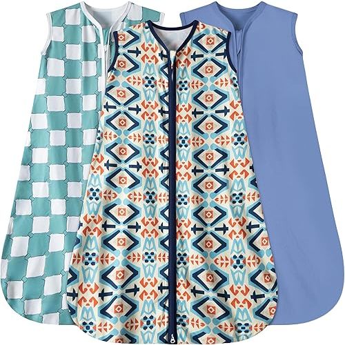 Baby Sleep Sack 6-12 Months 3 Pack Baby Wearable Blanket 100% Rayon Cotton 2-Way Zipper Toddler Sleeping Sack .Comfy Soft Lightweight TOG 0.3 (Bohemia&Checkered&Blue,)