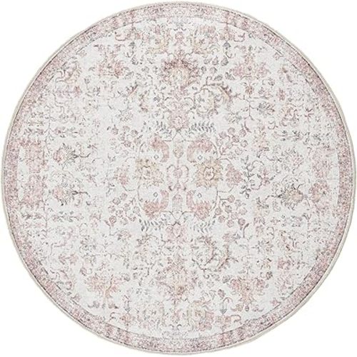 jinchan Round Rug 8ft Area Rug Washable Vintage Indoor Retro Accent Floor Cover Distressed Floral 8' Round Circle Boho Non Slip Thin Carpet for Living Room Dining Room Bedroom Kitchen Red