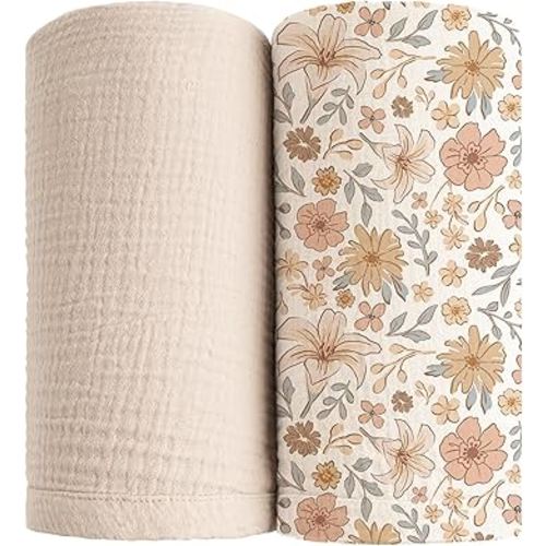 Konssy 2 Pack Muslin Swaddle Blankets, 100% Cotton Receiving Blanket Large 47 x 47 inches for Baby Boys Girls, Soft Breathable Muslin Baby Blanket for Newborn (Bouquet,Cream)