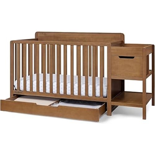 Delta Children Maya 5-in-1 Convertible Crib and Changer with Storage, Converts to Toddler Bed, Daybed, Sofa & Full Bed, Fits Standard Crib Mattress, 3 Mattress Heights for Baby Nursery, Chestnut