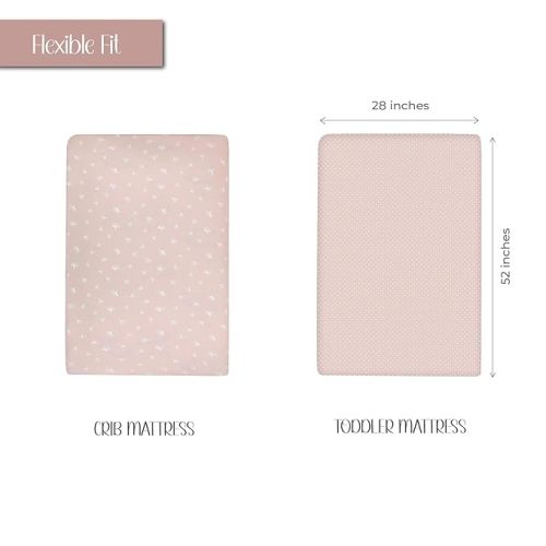 Ely’s & Co. Crib Sheet 2-Pack — Combed, 100% Jersey Cotton for Baby Girl — Rosewater Pink, Pin Dots & Gingko Leaves - Pink, White