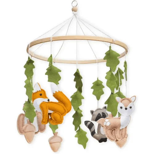 First Landings Woodland Baby Mobile for Crib - Baby Nursery Mobiles - Woodland Nursery Decor Theme - Gender Neutral Baby Stuff - Animals Forest Nursery Decor Baby Mobile - Woodland Baby Stuff