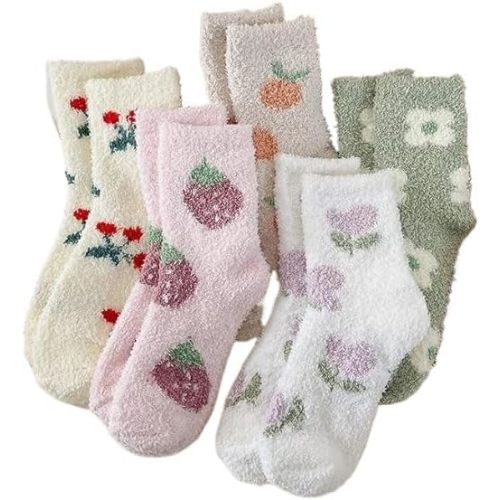 Kelabia 5 Pair Cute Floral Fuzzy Socks, Women Fluffy Slippers, Cottagecore Winter Thick Cozy Vintage Long Socks