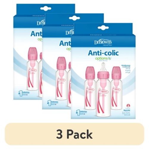 (3 pack) Dr. Brown’s Natural Flow Anti-Colic Options+ Narrow Baby Bottle, Pink, 8oz, Slow Flow, 0m+, 3 Pack