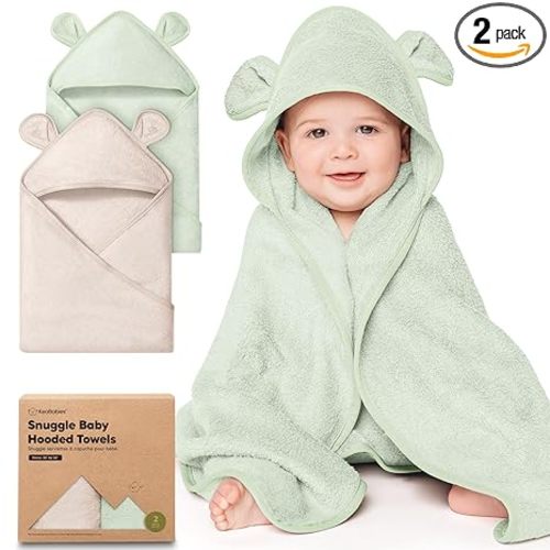 KeaBabies 2-Pack Hooded Baby Towels for Newborn - 30x30 Soft & Absorbent Viscose from Bamboo Baby Bath Towels with Hood for Infant, Toddler,Kids,Boys Girls,Newborn Bath Essentials (Sage, Petite)