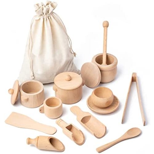 Montessori Toys Wooden Sensory Bin Tools with 14 Pcs Pretend Kitchen Play Sets for Preschool Toddlers