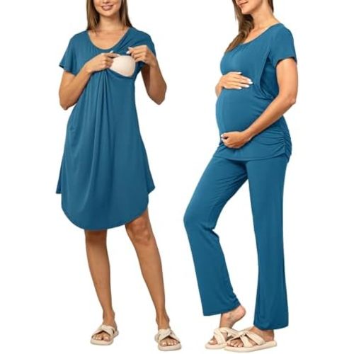 SUNNYBUY Women 3 PCS Maternity Nursing Nightgown Dress & Short Sleeve Breastfeeding Top & Pregnancy Pants Sleepwear Set