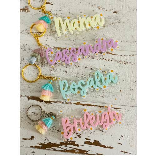 Personalized Daisy Keychain: Acrylic Name Tag with Tassel