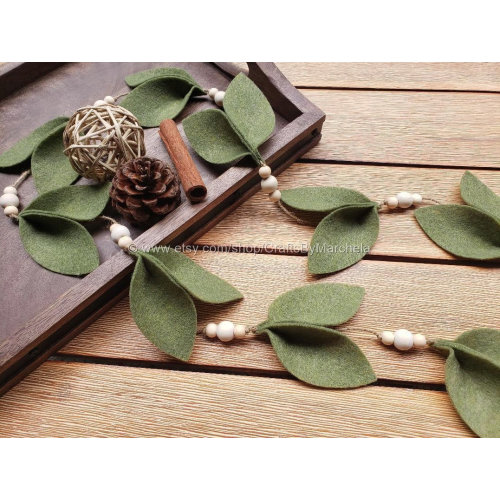 Olive Green Magnolia Leaf Felt Garland, Leaf and Beads Garland, Mantle Table Farmhouse Decor ~ Crafts By Marchela