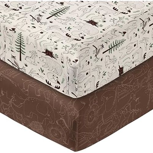 Horaldaily 2 Pack Fitted Crib Sheet for Boys Girls,Soft Breathable Washable Jersey Microfiber Baby Crib Sheet, Fits Standard Size Crib Mattress 28in x 52in, Cute Animals Nursery Sheet Beige/Brown
