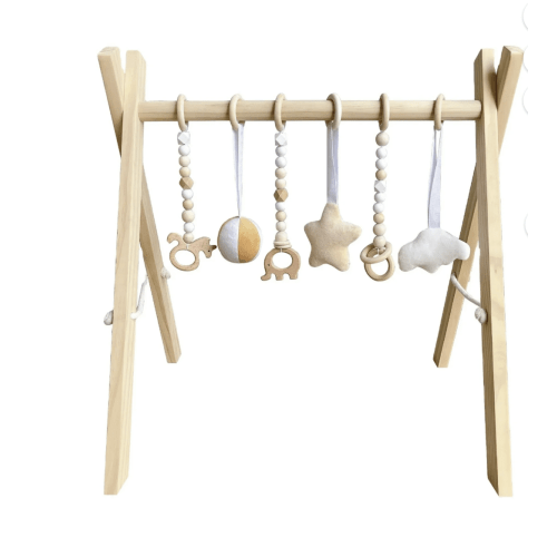 Chirren Wooden Baby Gym Toy, Baby Play Mat with Hanging Toys, Natural Pinewood Foldable Baby Gym, Wooden Beads for Toddlers, Activity Gym for Boys and Girls