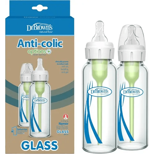 Dr. Brown's Natural Flow Anti-Colic Options+ Narrow Glass Baby Bottle 8 oz/250 mL, with Level 1 Slow Flow Nipple, 2 Pack, 0m+