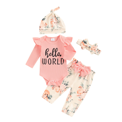 Newborn Baby Girl Clothes Hello I'm New Here Letter Romper+Floral Pants+Hat+Headband+Coming Home Outfits