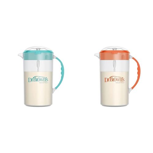 Dr. Brown's 32oz Baby Formula Mixing Pitcher Bundle with Adjustable Stopper, Locking Lid & No Drip Spout, Teal & Orange