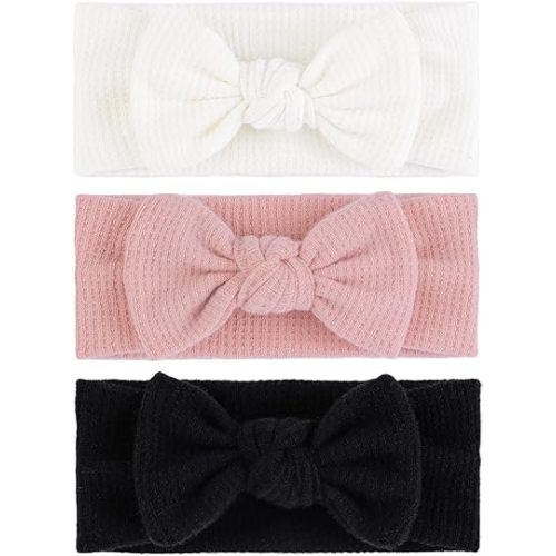 3Pcs Baby Girls 4" Hairband with Bows, Soft Headwraps Hair Accessories for Infant Toddler, 1 Count (Pack of 3), Black/White/Pink