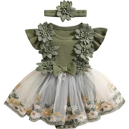 Douhoow Baby Girl Dress Romper Baby Romper Dress Flowers Embroidery Tulle Skirt Infant Girl Summer Clothes with Headband