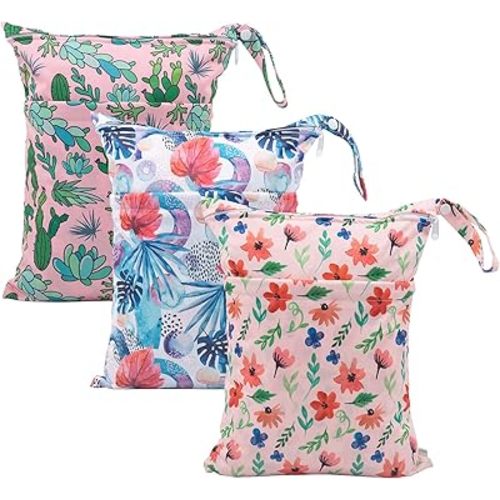 babygoal Wet Dry Bags for Baby Cloth Diapers, Washable Travel Bags, Beach, Pool, Gym Bag for Swimsuits & Wet Clothes with Two Zippered Pockets 3 Pack, 3LN18