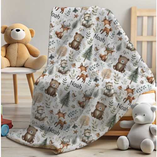 Woodland Animal Blanket Personalized Plush Velveteen Baby Throw for Kids Nursery Bedding Girls and Boys Custom Name Blanket Baby Shower Gift