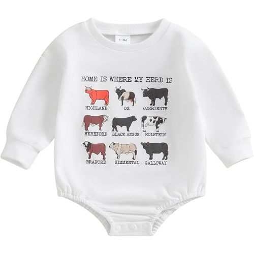 Omkzanbi Western Baby Girl Boy Clothes Sweatshirt Romper Cow Printed Bodysuit Long Sleeve Onesie Newborn Fall Winter Outfits
