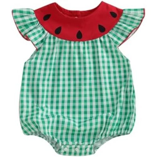 Baby Girl Watermelon Romper Sleeveless Ruffle Smocked Bubble Bodysuit with Pockets Cute One Piece Summer Outfits