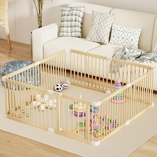 Large Wooden Baby Playpen, Adjustable Gate for Toddler and Babies, Sturdy Fence Baby Play Yard with Door, Portable Safe Play Area Kids Activity Center(71.5x60x24inches)