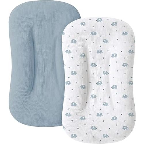 Muslin Baby Lounger Cover for Newborn & Infant, 100% Cotton Soft and Breathable Lounger Slipcover for Baby Girls and Boys, Pack of 2