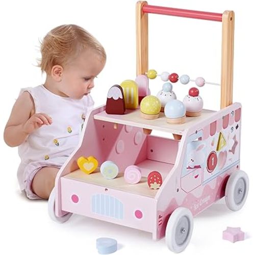 labebe Wooden Baby Walker, Push Activity Walker for Kids 12M+, Multifunctional Ice Cream Cart Activity, Adjustable Speed Learning Walking with Wheels, Birthday Gift for Girls Boys Ages 1-3 (Pink)