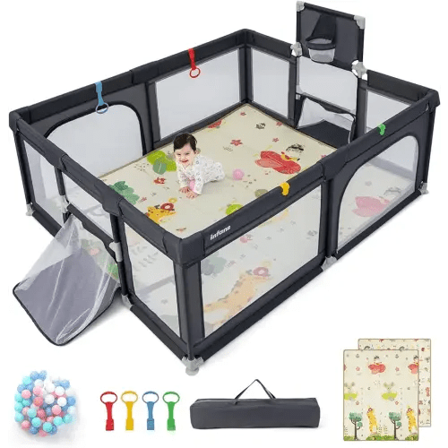 INFANS Baby Playpen, 74” x 62” Extra Large Baby Play Yard with Crawling Mat, 50 Ocean Balls, 4 Pill Up Rings, Basketball Hoop and 2 Football Gates for Toddlers, Indoor Activity Center (Dark Gray)