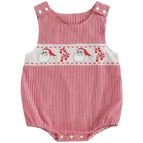 KtwHarnu Newborn Baby Boy Christmas Outfit Embroidery Sleeveless Smocked Bubble Romper Plaid Overalls Bodysuit Winter Clothes