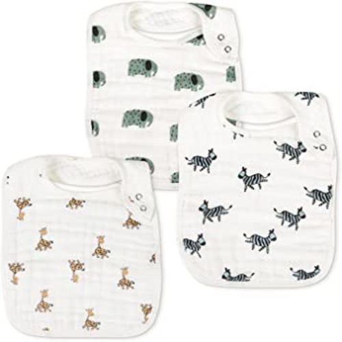 Snap Muslin Bibs for Boys & Girls, 3-Pack Baby Bibs for Infants, Newborns and Toddlers, 100% Cotton Muslin Absorbent & Soft Layers, Adjustable Snaps,"Animal Party"