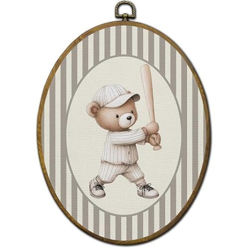 QZQE Baseball Bear Nursery Oval Wall Art Decor Framed, Sports Oval Canvas Prints, Baseball Player Bear Neutral Striped Wall Hanging Decor for Kids Boys Toddler Room Bedroom Playroom, 8.6x11.4 Inch