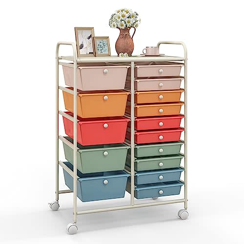 Giantex 15 Drawers Rolling Cart, Classroom Organizers, Storage Cart with Wheels, for Teacher Office Home School Supplies Tool Craft Art Paper