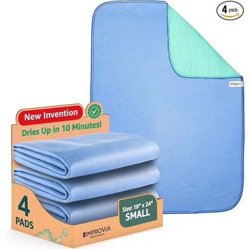 IMPROVIA® Washable Underpads, 18" x 24" (Pack of 4) - Heavy Absorbency Reusable Incontinence Pads for Kids, Adults, Elderly, and Pets - Waterproof Protective Pad for Bed, Couch, Sofa, Furniture, Floor - 4 Pack - 18x24