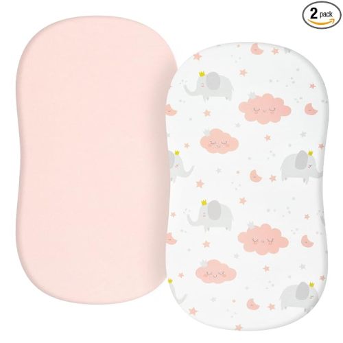 Baby Bassinet Sheets for Girls Boys 2 Pack Baby Sheets for Square Rectangle Oval Bassinet Mattress 33X16 Inch, Elephant & Cloud Pink