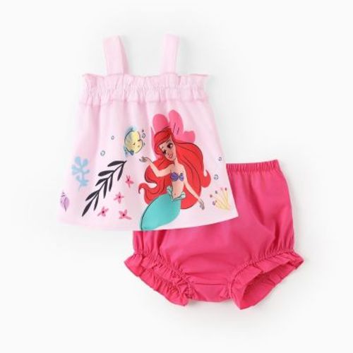 Disney Princess Baby 2pcs Ariel/Cinderella Floral Ruffled Smocked Sleeveless Top And Bloomer Shorts Outfit Set (Light Green, 3-6 Months)