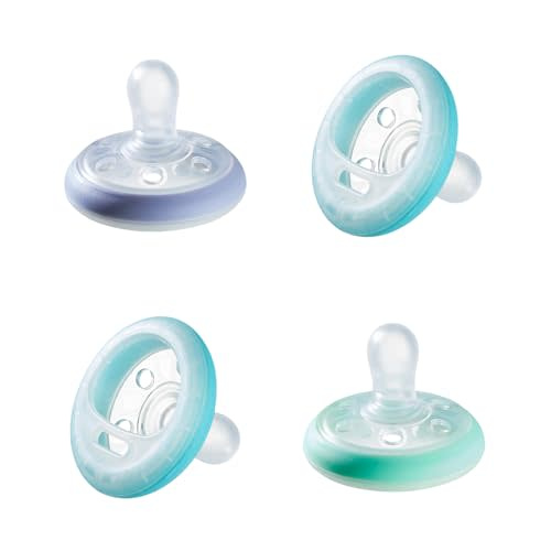 Tommee Tippee Breast-Like Night Pacifier, 6-18 Months, Breast-Like Baglet, BPA-Free Binkies, Glow in The Dark Technology, Purple/Blue, Pack of 4