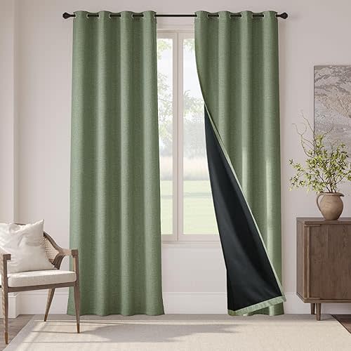 jinchan 90% Blackout Curtains for Bedroom, Linen Textured 84 Inch Curtains for Living Room, Grommet Room Darkening Drapes, Thermal Insulated Luxury Window Treatments, 2 Panels Set Green