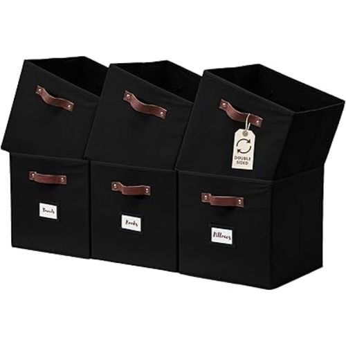 DECOMOMO Storage Bins, Cube Storage Bin with Labels, Fabric Storage Cubes for Shelves (10.5" x 11" / 6pcs, Black)