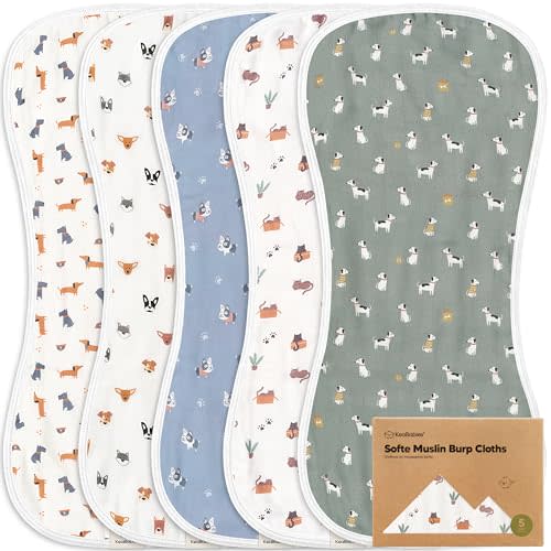 5-Pack Muslin Burp Cloths for Baby Boys and Girls - Super Absorbent Baby Burp Cloth, Viscose Derived from Bamboo Cotton Baby Washcloths, Burp Rags, Large Neutral Burp Clothes for Newborn (Pets & Paws)
