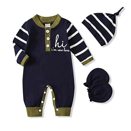 GRNSHTS Newborn Baby Boy Romper Coming Home Outfits Letter Print Bodysuit Jumpsuit+Hat+Gloves 3PCS Clothes Set