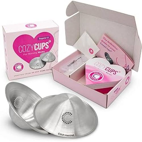 COZYMOM™ Pure Silver Nursing Cups - 45mm with Silicone Nipple Corrector| Nipple Care | Soothe Sore Nipples |Breastfeeding Moms |Protect & Heal |Hypoallergenic Healing Cups | Breathable & Comfortable