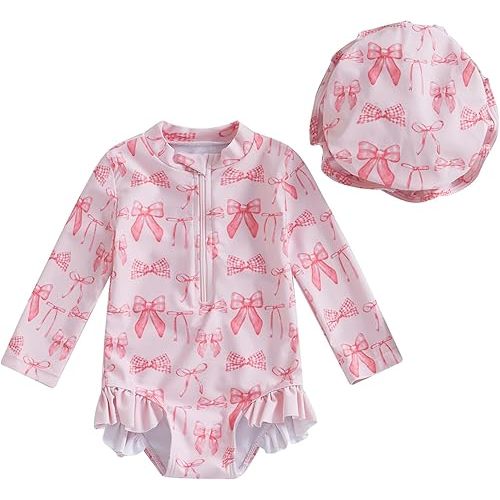 Baby Girl Swimsuit Baby Girls Long Sleeve One Piece Swimsuit Romper with Hat Bathing Suit Beach Rash Guard